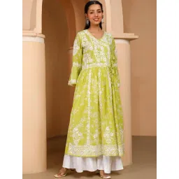 House of Chikankari Green Embroidered Angrakha Kurta-image-7