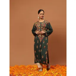 House of Chikankari Green Regular Fit Embroidered Kurta-image-4