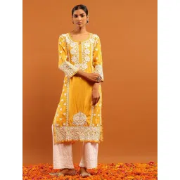 House Of Chikankari Mustard Chanderi Regular Fit Kurta-picture-37