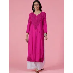 House of Chikankari Pink Embroidered Straight Kurta-picture-25