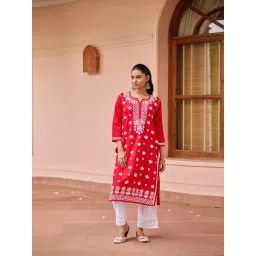 House Of Chikankari Red Cotton Chikankari Kurti-picture-45