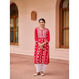 House Of Chikankari Red Cotton Chikankari Kurti-picture-48