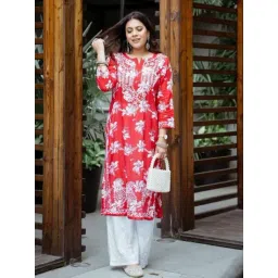 House of Chikankari Red Embroidered Straight Kurta-image-40