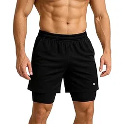 house of fusion House of Fitness Men's 2-in-1 Athletic Shorts with Built-in Compression Layer, Quick-Dry Performance Fabric, Black Training Workout Running Shorts with Pockets-picture-38
