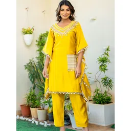 HOUSE OF JAMOTI Dijon Women Embroidered Mirror Work Gotta Patti Kaftan Kurta with Trousers-picture-14