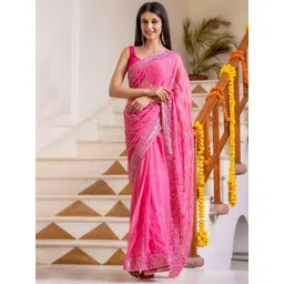 HOUSE OF JAMOTI Embellished Pink Mirror Work Saree-picture-22