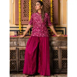 HOUSE OF JAMOTI Embroidered Mandarin Collar-Neck Top With Palazzo Co-Ords-picture-33