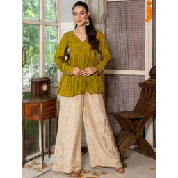 HOUSE OF JAMOTI Embroidered V-Neck Peplum Top With palazzo Co-Ords-image-9