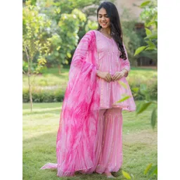 HOUSE OF JAMOTI Striped Gotta Patti Panelled Anarkali Kurti with Sharara-image-8