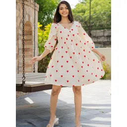 HOUSE OF JAMOTI Women V-Neck Puff Sleeves  A-Line Dress-image-41