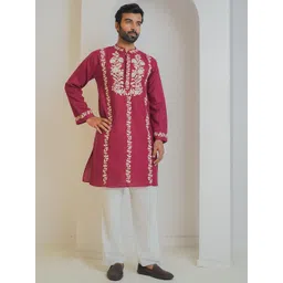 HOUSE OF KARI Men Ethnic Motifs Embroidered Mandarin Collar Thread Work Floral Kurta-picture-12