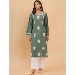 House of Kari Saba Chikankari Bottle Green Long Kurta Shoulder Cut In Muslin-image-20