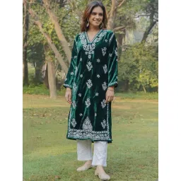 House of Kari Velvet Chikankari Long Kurta in Green-image-27