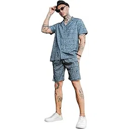 house of koala Men's Grey Geometric Printed Cuban Collar Resort Shirt & Shorts Casual Gen-Z Tone Co-ord Set-picture-22