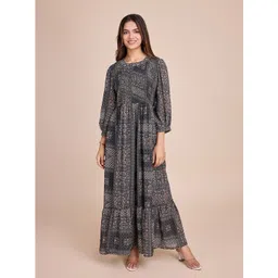 HOUSE OF MIRA Ethnic Motifs Print Puff Sleeve Maxi Fit and Flare Dress-picture-24