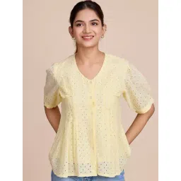 House of Mira Yellow Viscose Embroidery Peplum Top-picture-30