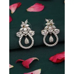 House of Pataudi American Diamond Studded Contemporary Shaped Drop Earrings-image-30