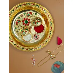 House of Pataudi American Diamond Studded Wraparound Rakhi With Pooja Thali & Roli Chawal-picture-32