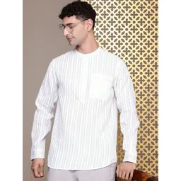 House of Pataudi Band Collar Striped Rozana Kurta-picture-29