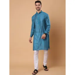 House of Pataudi Blue Embellished Mandarin Collar Long Sleeve Sequins Straight Kurtas-picture-22