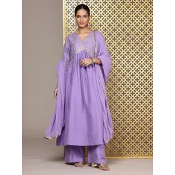 House of Pataudi Embroidered Empire Thread Work Jashn Kurta & Palazzos with Dupatta-image-29