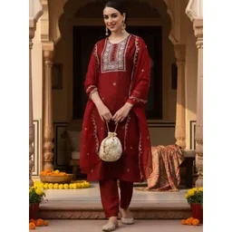House of Pataudi Embroidered Round Neck Kurta & Trousers with Dupatta Set-picture-41