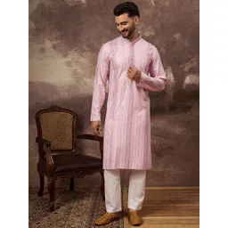 House of Pataudi Embroidered Sequins Mandarin Collar Straight Kurta-picture-34