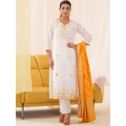 House of Pataudi Embroidered Straight Kurta With Trouser & Dupatta-image-37