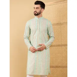 House of Pataudi Embroidered Straiped Straight Chikankari Kurta-image-30