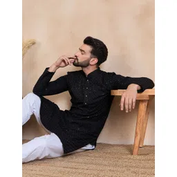 House of Pataudi Ethnic Motifs Embroidered Sequined Mandarin Collar Straight Kurta-picture-12