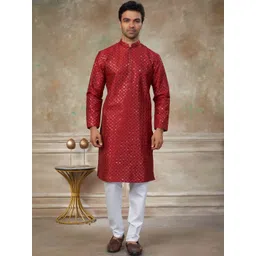 House of Pataudi Ethnic Motifs Embroidered Sequinned Pure Silk Straight Kurta with Pyjama-picture-30