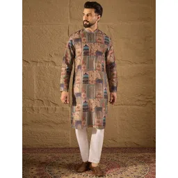 House of Pataudi Ethnic Motifs Printed Mandarin Collar Long Sleeves Straight Kurta-picture-25