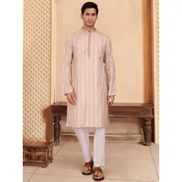 House of Pataudi Ethnic Motifs Woven Design Kantha Work Mandarin Collar Jacquard Kurta image 4