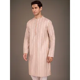 House of Pataudi Ethnic Motifs Woven Design Kantha Work Mandarin Collar Jacquard Kurta image 5
