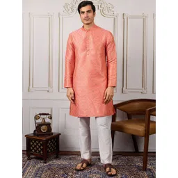 House of Pataudi Ethnic Motifs Zari Woven Design Straight Kurta & Trousers-picture-14