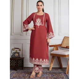 House of Pataudi Floral Embroidered Flared Sleeves Round Neck Straight Kurta With Trouser-picture-37