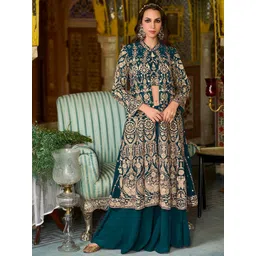 House of Pataudi Floral Embroidered Georgette Crop Top With Sharara & Shrug-picture-21