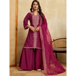 House of Pataudi Floral Embroidered Mandarin Collar Sequinned Kurta With Sharara & Dupatta-picture-19