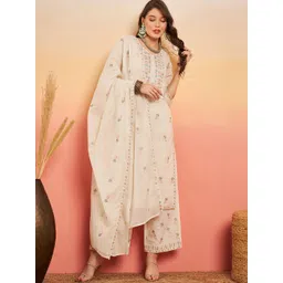House of Pataudi Floral Embroidered Pure Cotton Kurta With Palazzos & Dupatta-picture-32