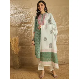 House of Pataudi Floral Embroidered Pure Cotton Straight Kurta & Trousers With Dupatta-picture-32