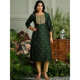 House of Pataudi Floral Embroidered Round Neck Sequinned Raw Silk Kurta-picture-27