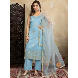 House of Pataudi Floral Embroidered Shoulder Straps Straight Kurta & Trousers With Dupatta-picture-13