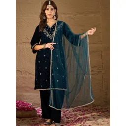 House of Pataudi Floral Embroidered Straight Kurta With Trouser & Dupatta-picture-31