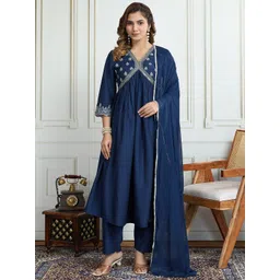 House of Pataudi Floral Embroidered V Neck Empire A-Line Kurta With Trousers & Dupatta-picture-18