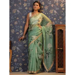 House of Pataudi Floral Printed Embroidered Organza Saree-picture-25