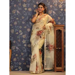 House of Pataudi Floral Printed Gota Patti Organza Saree-image-19