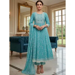 House of Pataudi Floral Printed Pure Cotton Anarkali Kurta & Trousers with Dupatta Set-picture-39