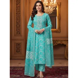 House of Pataudi Floral Printed Round Neck Straight Kurta & Trousers With Dupatta-picture-28