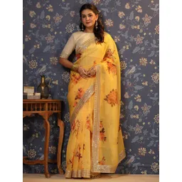 House of Pataudi Floral Printed Sequinned Organza Saree-image-26