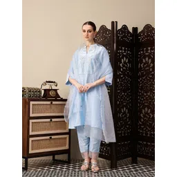 House of Pataudi Floral Yoke Design Thread Work Jashn Kurta with Trousers & Dupatta-picture-38